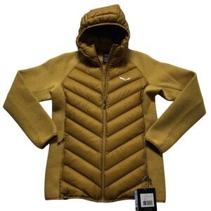 Salewa Sarner Hooded Down Jacket Women Golden Brown Full Zip Padded Knit Size L